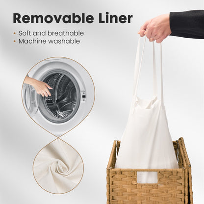 Laundry Hamper with Lid Large Capacity Woven Rattan Storage Basket, Collapsible Clothes Hamper with Handles & Removable Liner, Foldable Breathable Wicker Basket for Bedroom Home Dorm, 2 Sizes
