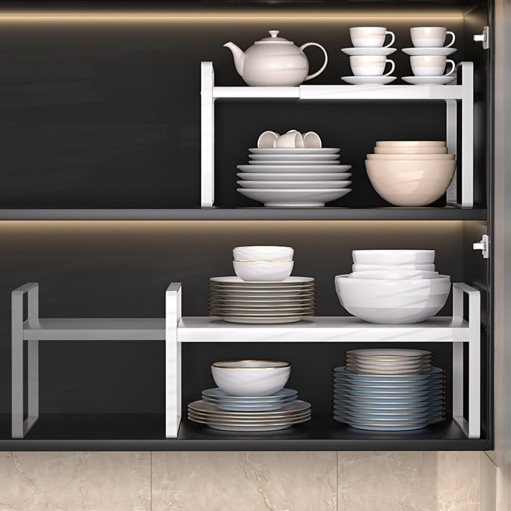 Expandable Cabinet Shelf Organizer Riser – Height Adjustable Retractable Rack with Suction Cup Base for Kitchen Pantry Cupboard Under Sink Countertop, Heavy Duty Metal Space Saver, Stackable Storage