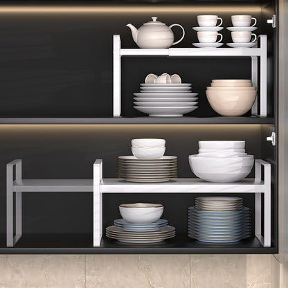 Expandable Cabinet Shelf Organizer Riser – Height Adjustable Retractable Rack with Suction Cup Base for Kitchen Pantry Cupboard Under Sink Countertop, Heavy Duty Metal Space Saver, Stackable Storage