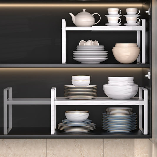 Expandable Cabinet Shelf Organizer Riser – Height Adjustable Retractable Rack with Suction Cup Base for Kitchen Pantry Cupboard Under Sink Countertop, Heavy Duty Metal Space Saver, Stackable Storage