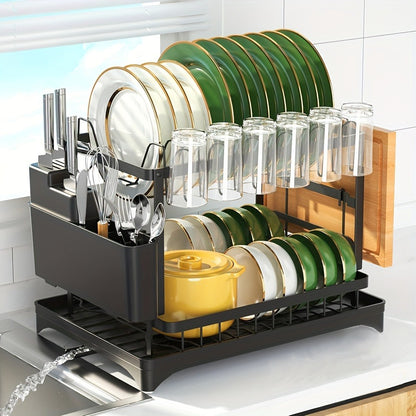 2-Tier Metal Dish Drying Rack with Drainboard – Kitchen Counter Dish Drainer Compact Countertop Drying Rack Black White Gray