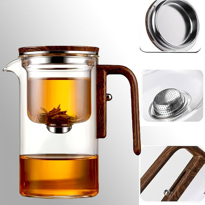 Glass Teapot with Infuser & Wooden Handle – Borosilicate Tea Kettle, One-Button Tea-Water Separation, Drip-Free Spout, 27oz for Loose Leaf & Blooming Tea, Holiday Gift for Men & Women