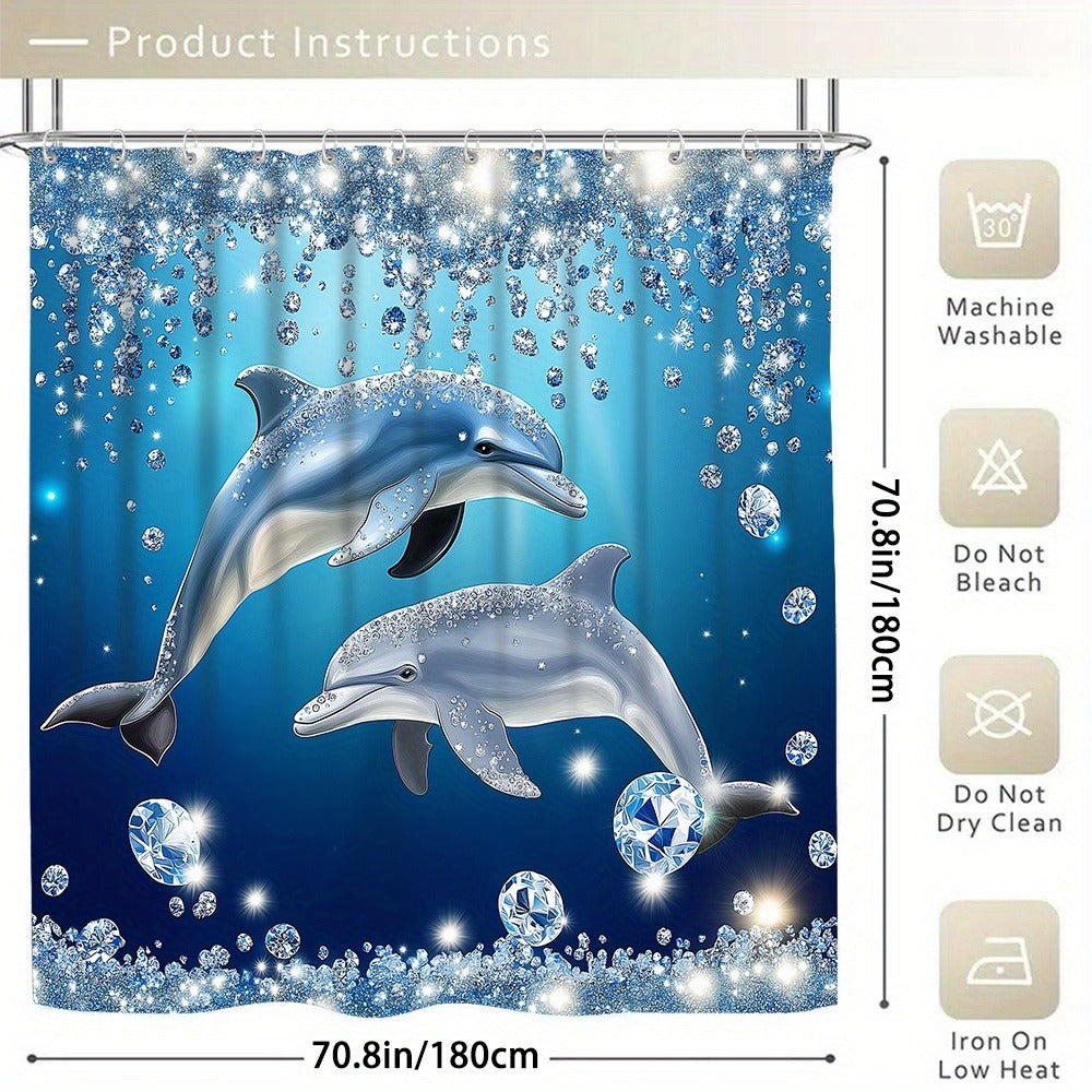 4pcs Dolphin Shower Curtain Set with Non-Slip Bath Mat, Toilet Rug & 12 Hooks – Waterproof Bathroom Decor Gift Set