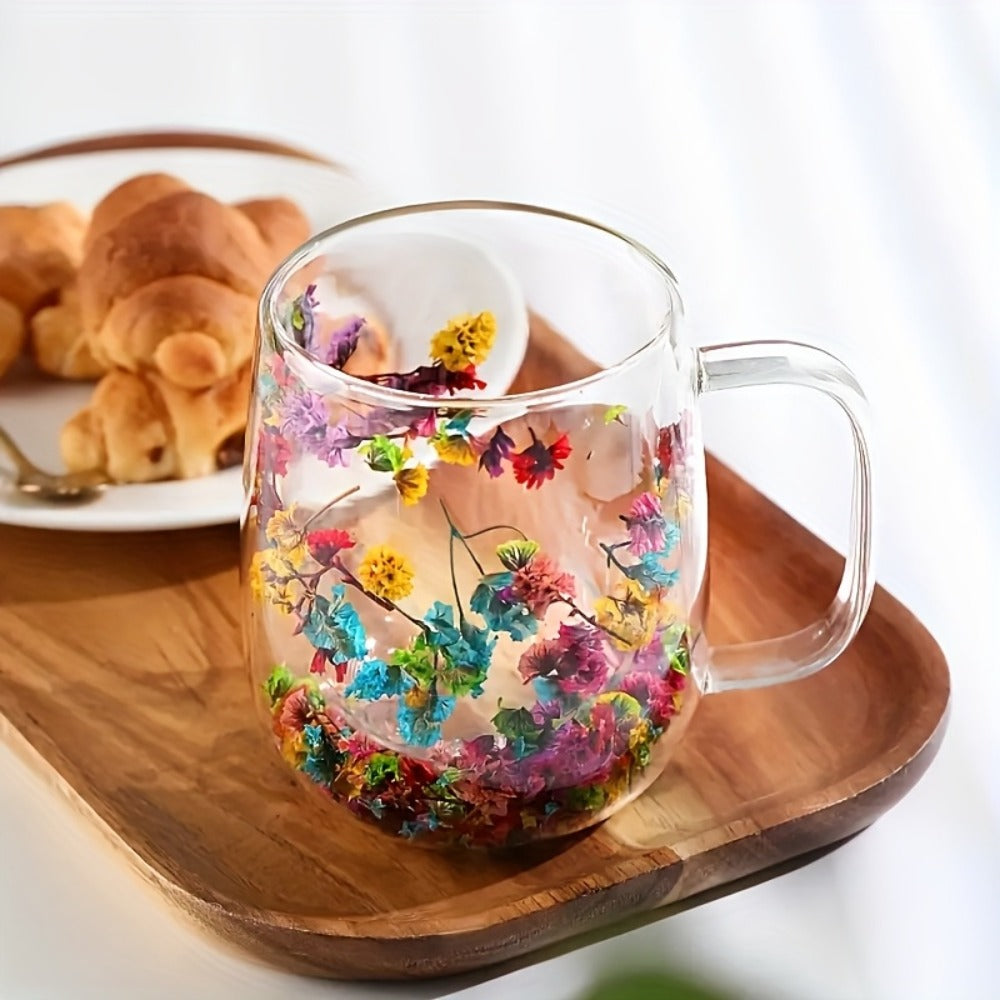 Double Wall Glass Coffee Cups with Handle Set of 4 – Borosilicate Thermal Mugs for Latte Cappuccino Tea | Dried Flower & Petal Design Transparent Drinkware for Office Home Gifts
