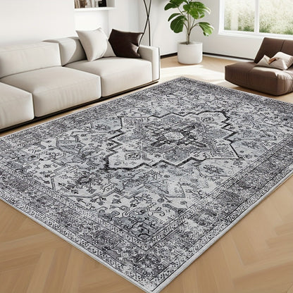 Bohemian Area Rug Ultra-Soft Non-Slip Washable Retro Foldable Carpet for Living Room Bedroom in Beige and Grey Multiple Sizes
