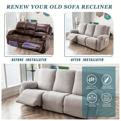 Jacquard Stretch Sofa Recliner Cover Big Leaves - High Stretch Soft Washable Slipcover for 1 2 3 Seat Loveseat with Console Furniture Protector Home Decor, 6 Colors