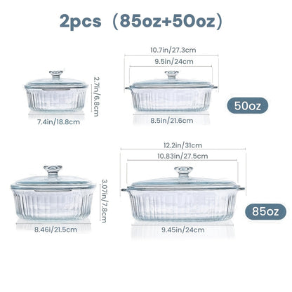 Glass Casserole Dish with Lid, Oval Ribbed Roasting Pan, Oven & Microwave Safe Covered Baking Dish, Transparent Deep Glass Cookware for Chicken Pasta Desserts, 50oz & 85oz Options
