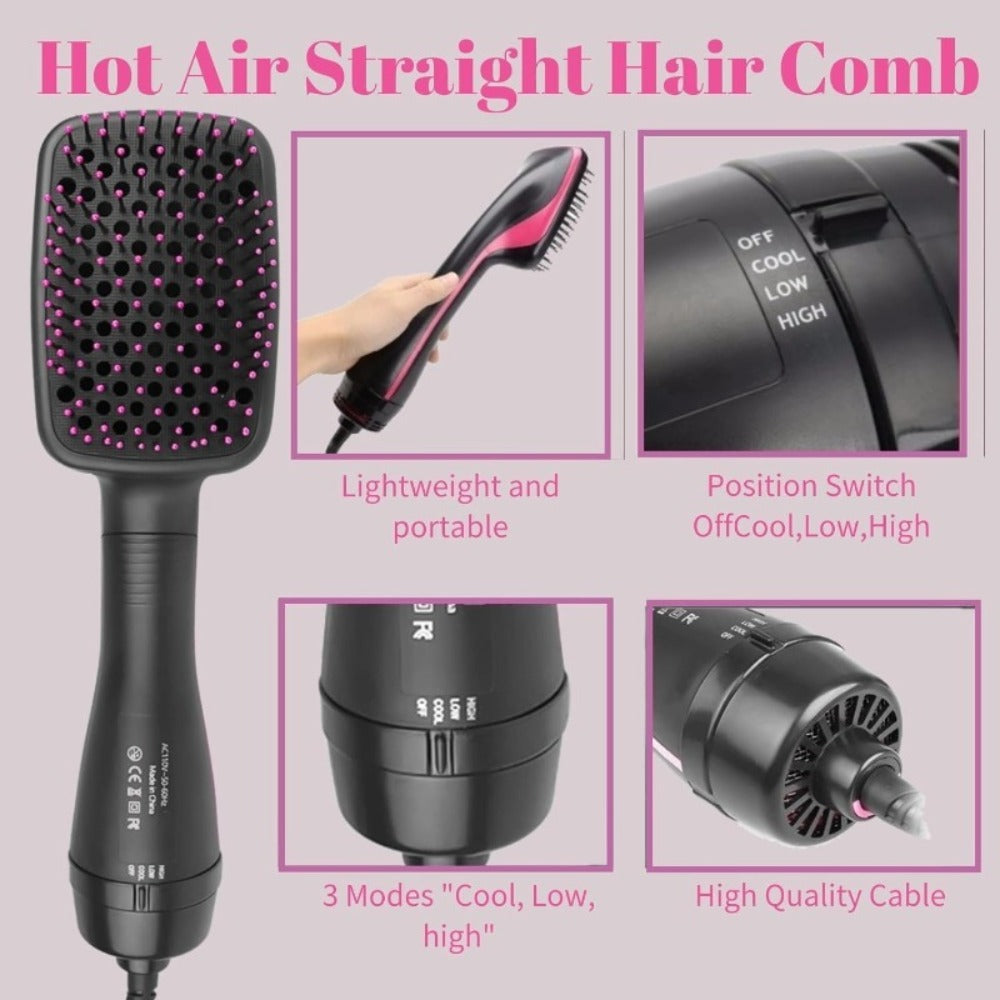 3-in-1 Hot Air Brush Hair Dryer Straightener Comb | Ionic Blow Dryer Brush with Negative Ion Frizz Control, Anti-Scald, Wet & Dry Use – Salon Styler for All Hair Types, 110V