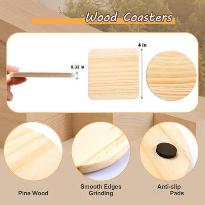 Unfinished Wood Coaster Blanks 4 Inch Round Square DIY Craft Supplies for Painting Engraving Burning with Non-Slip Felt Stickers Handmade Gift Home Decor Christmas Halloween Wedding
