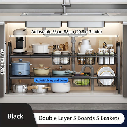 Expandable Under Sink Organizer 2-Tier Cabinet Shelf with 5 Removable Panels & 5 Baskets, Adjustable Under Sink Storage Rack for Kitchen Bathroom Cabinet Organization