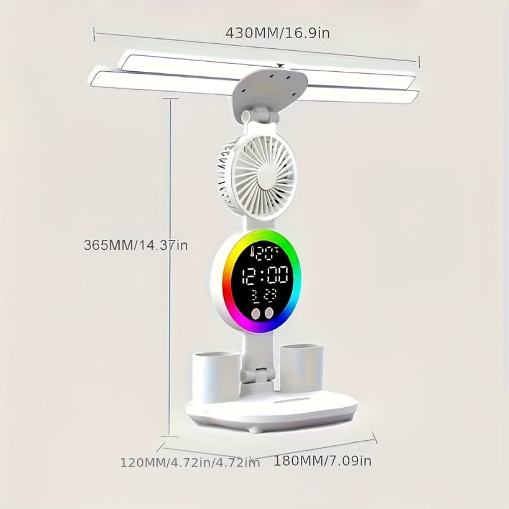 LED Desk Lamp with Built-in Fan & Touch Control | Dual Head Adjustable | USB Charging | 3 Color Modes Dimmable | Smart Display Clock | Eye-Caring Reading Lamp for Home Office Dorm Study