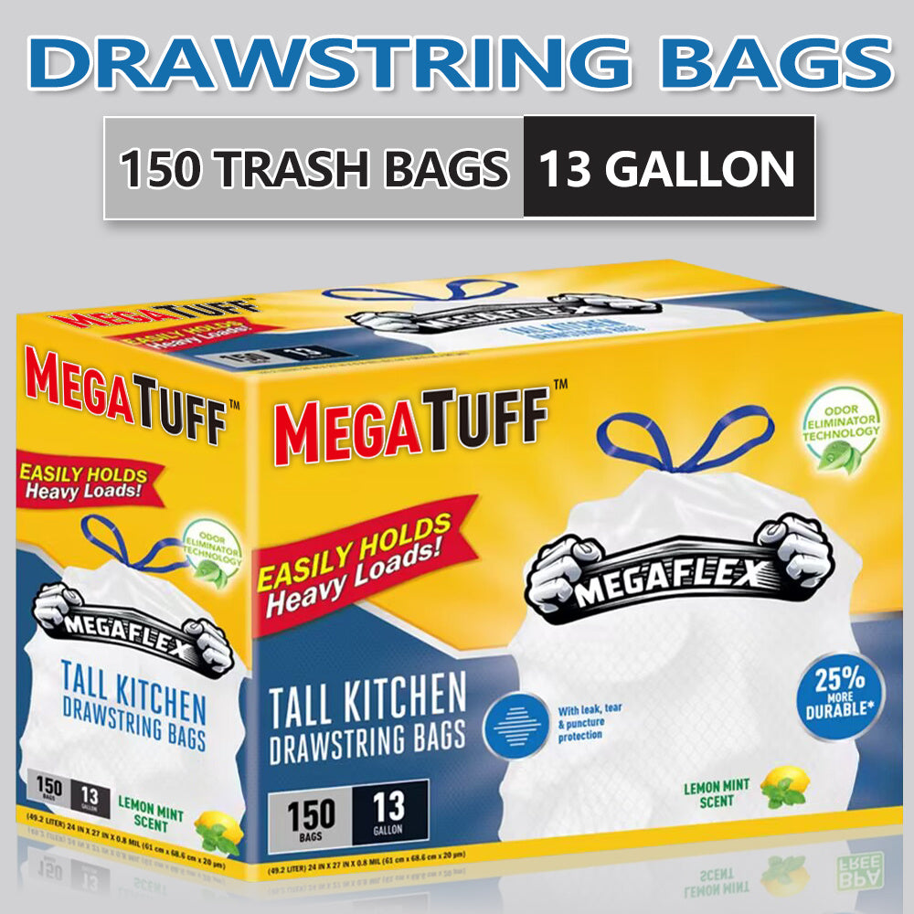 Drawstring Trash Bags 13 Gallon, 150 Count (3 Rolls) Tall Kitchen Garbage Bags with Odor Eliminator Technology, Lemon Mint Scent, Puncture & Tear Resistant, Easy-Tie Drawstring, Fits 13 Gal Trash Cans