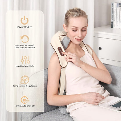 Neck Massager Shiatsu with Heat – 6-Node Deep Kneading Wireless Massager for Neck, Shoulders & Trapezius Muscles | Hands-Free Electric Neck & Shoulder Massager with Heating Function