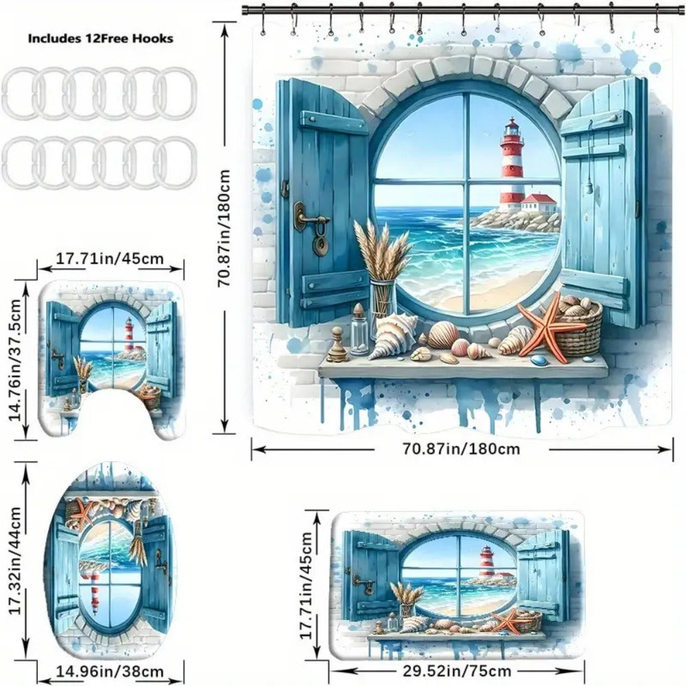 Lighthouse Shower Curtain Set with Ocean View Pattern – Nautical Bathroom Decor with Non-Slip Mat, Toilet Seat Cover & 12 Hooks for Apartment Hotel