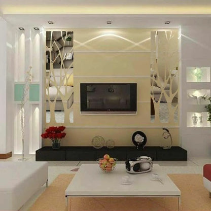 3D Mirror Tree Acrylic Wall Sticker – Removable Reflective Wall Decal for Living Room, Bedroom, TV Wall & Sofa Area | Glossy Silver Mirror Finish Wall Art Decor | 1000x280mm