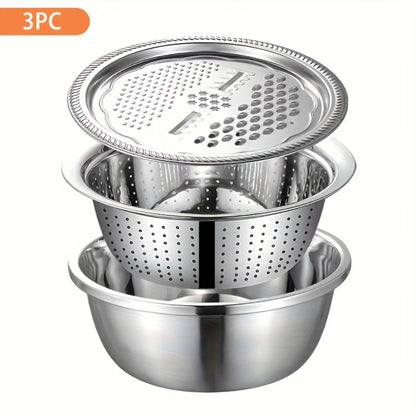 Stainless Steel Kitchen Bowl Set 3 Piece with Integrated Grinder, Colander Filter and Mixing Bowl, Multifunctional Fruit Vegetable Washing Prep Bowl with Drainage System for Slicing Cheese Salad