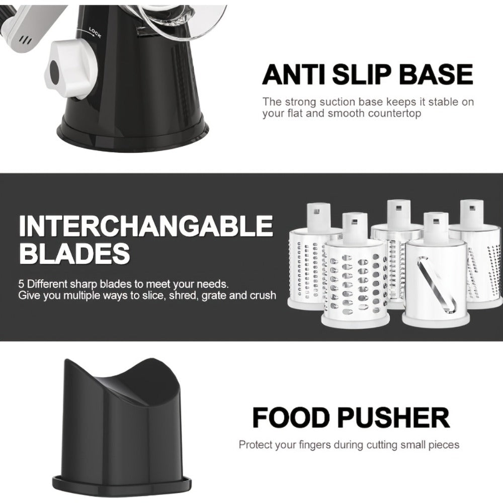 Rotary Cheese Grater with Hand Crank – 3 Interchangeable Blades for Cheese, Vegetables & Nuts, Non-Slip Suction Base, Includes Cleaning Brush – Manual Cheese Shredder for Kitchen (6 Colors)