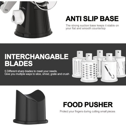 Rotary Cheese Grater with Hand Crank – 3 Interchangeable Blades for Cheese, Vegetables & Nuts, Non-Slip Suction Base, Includes Cleaning Brush – Manual Cheese Shredder for Kitchen (6 Colors)