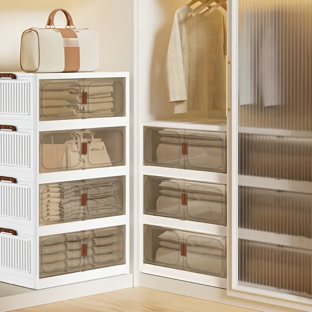 Foldable Storage Cabinet with Door – Multi-Layer Stackable Storage Box for Shoes, Clothes & Books | Large Closet Organizer for Bedroom, Bathroom, Kitchen, Office & Wardrobe