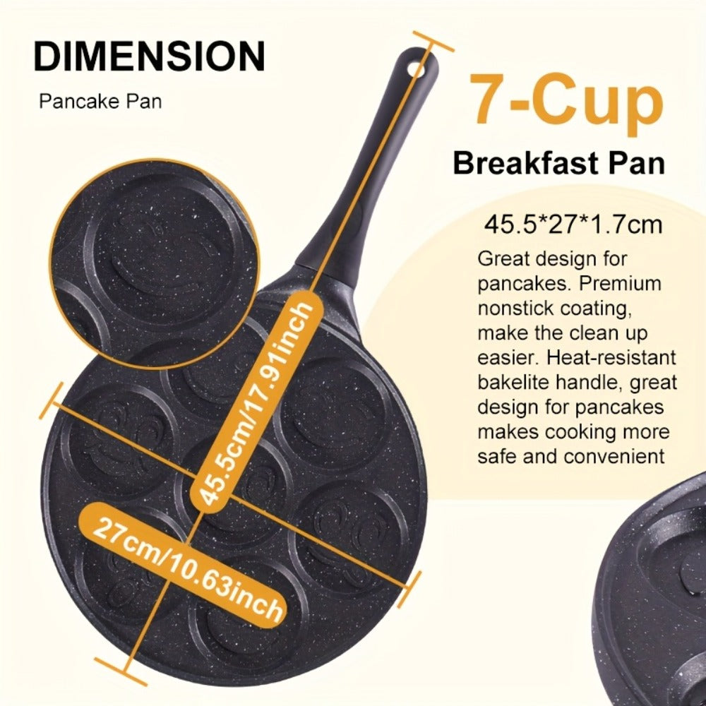 7-Hole Non-Stick Pancake Pan Smiley Face – Aluminum Alloy Breakfast Maker with Detachable Handle for Gas Stove | Oven & Dishwasher Safe Crepe Waffle Egg Mold Cooking Pan Even Heat Distribution Black