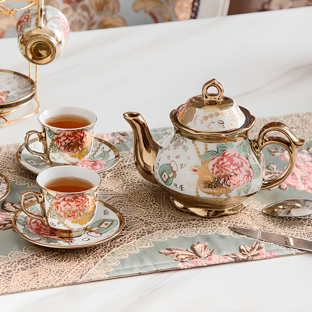 20-Piece Floral Ceramic Tea Set with Saucers & Metal Stand | European Afternoon Tea Service, Blooming Design, Complete Tea Accessories, Gift for Tea Lovers