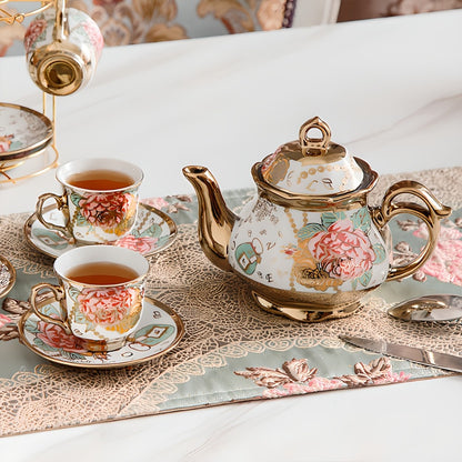 20-Piece Floral Ceramic Tea Set with Saucers & Metal Stand | European Afternoon Tea Service, Blooming Design, Complete Tea Accessories, Gift for Tea Lovers