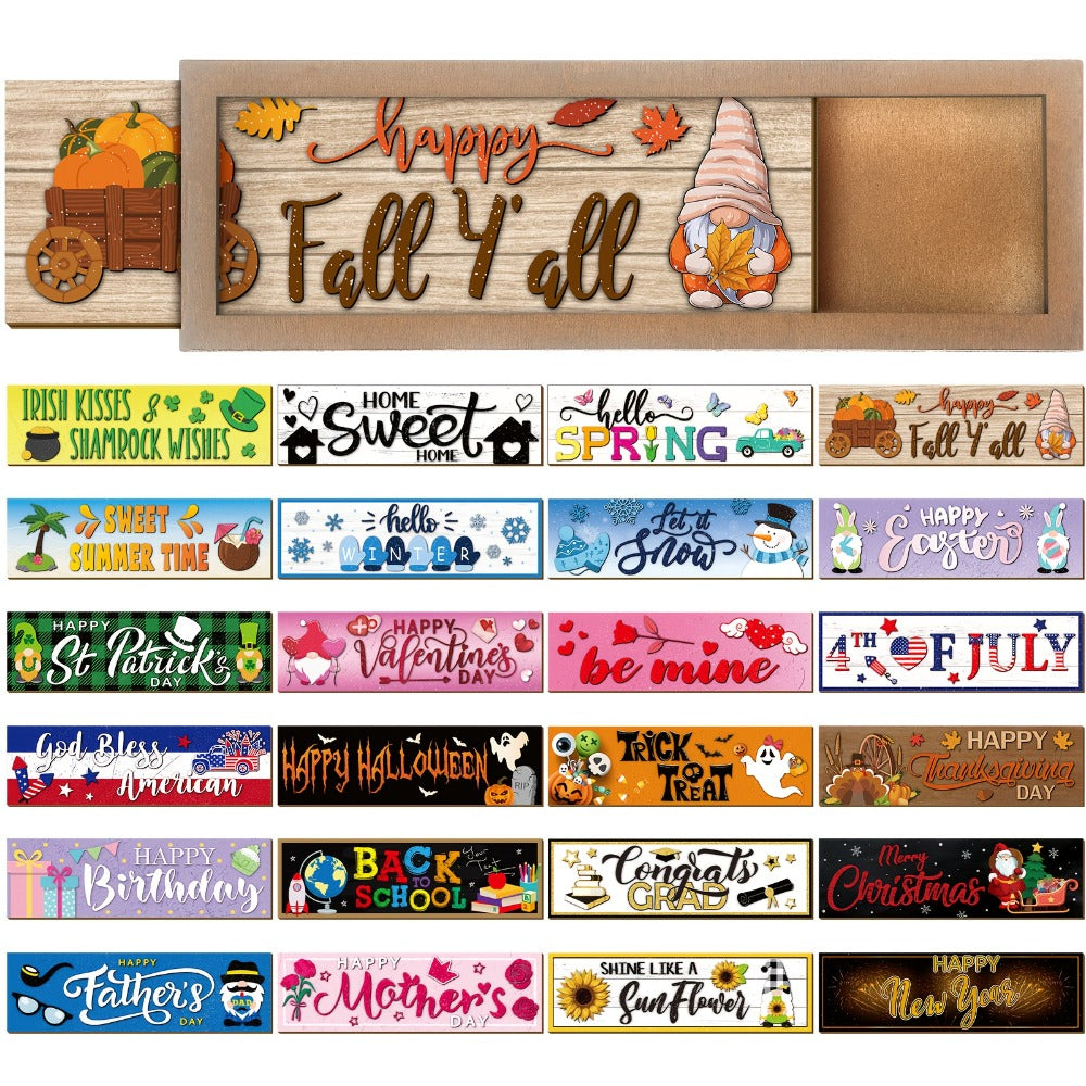 Interchangeable Seasonal Wood Welcome Sign 25-Piece Set – Wooden Frame Table Decor with Swappable Holiday Signs for Fall, Thanksgiving, Halloween & Autumn Wreath Decoration