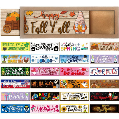 Interchangeable Seasonal Wood Welcome Sign 25-Piece Set – Wooden Frame Table Decor with Swappable Holiday Signs for Fall, Thanksgiving, Halloween & Autumn Wreath Decoration