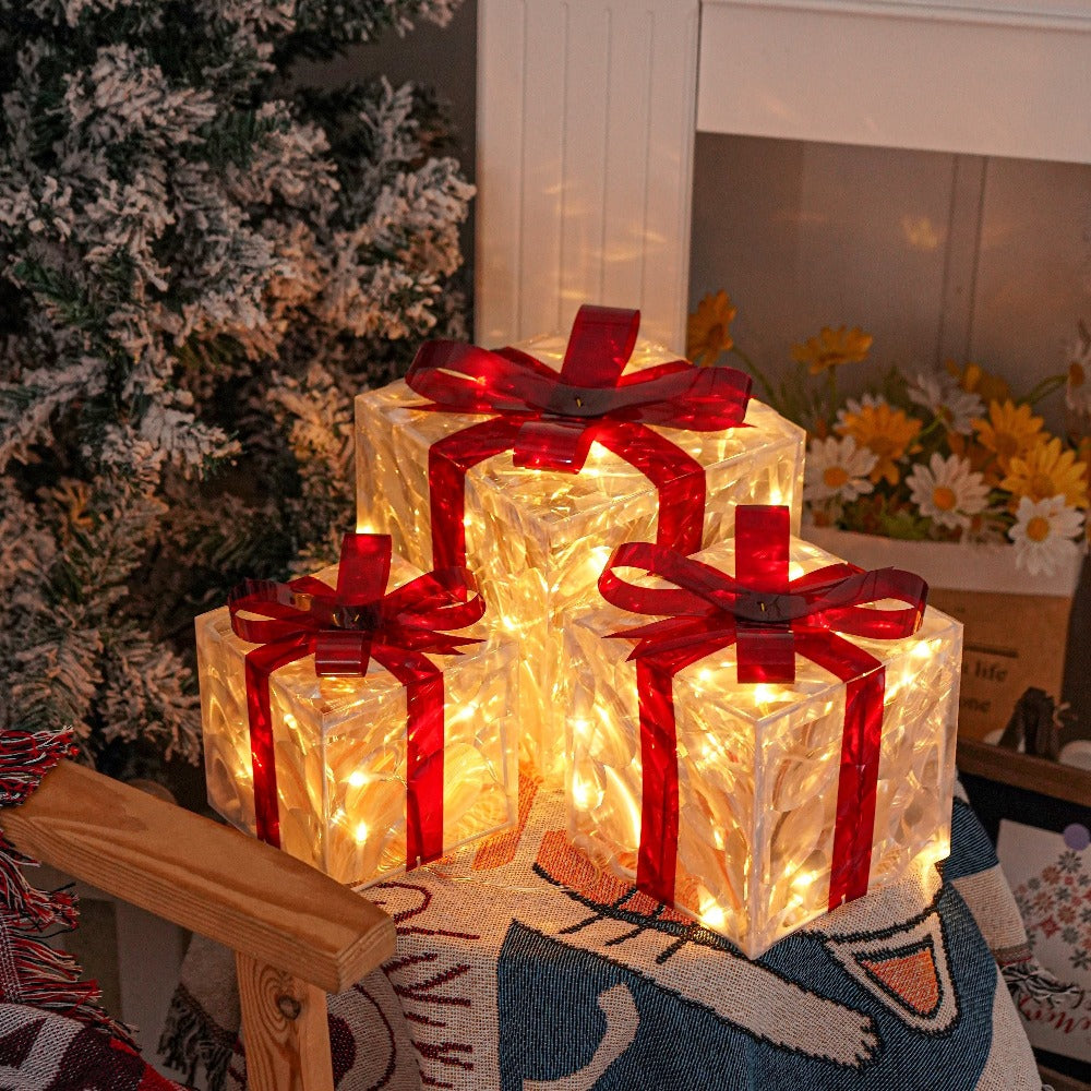 Christmas Light-Up Gift Boxes Set of 3 – USB & Battery LED Warm White Lighted Decorations with Timer, 8 Lighting Modes, Red Bow, Indoor Outdoor Holiday Home Decor