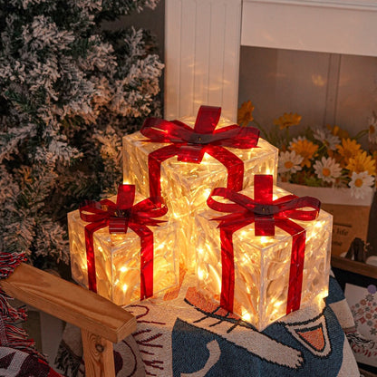 Christmas Light-Up Gift Boxes Set of 3 – USB & Battery LED Warm White Lighted Decorations with Timer, 8 Lighting Modes, Red Bow, Indoor Outdoor Holiday Home Decor