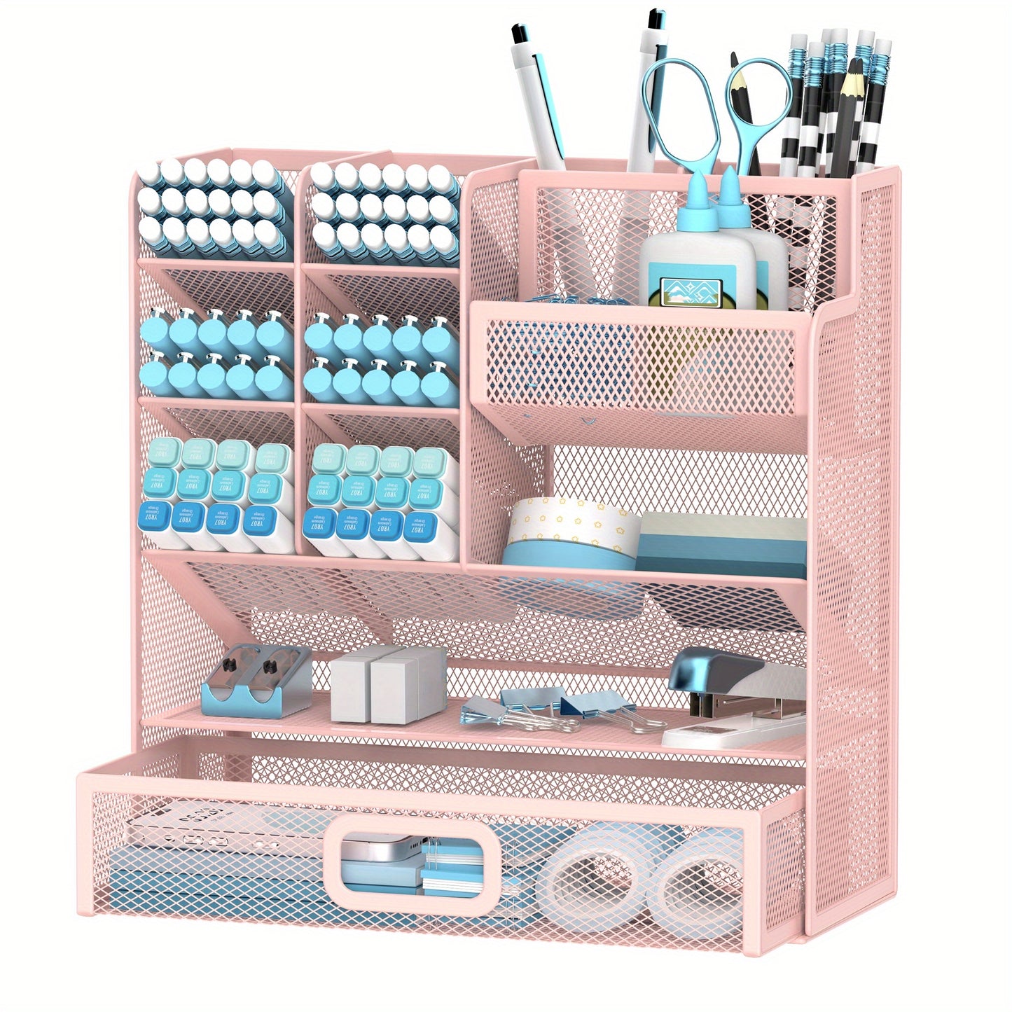 Mesh Desk Organizer with Drawer – Multifunctional Desktop Pen Holder & Office Supply Organizer for Home Office, School & Art Studio – Pencil Cup Caddy with Storage Compartments, Multiple Colors Available