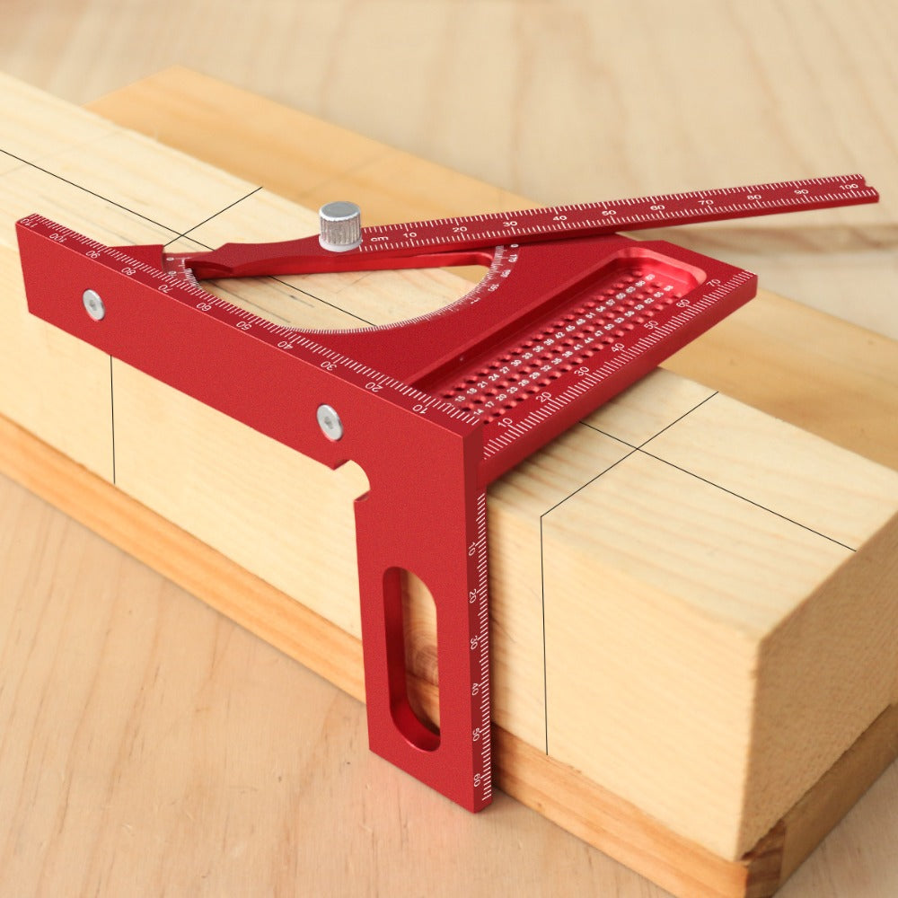 Adjustable 3D Carpentry Square Set 180° Rotating Aluminum Alloy Triangle Ruler T-Square with Scribing Holes Red Black Markings Woodworking Measurement Tool