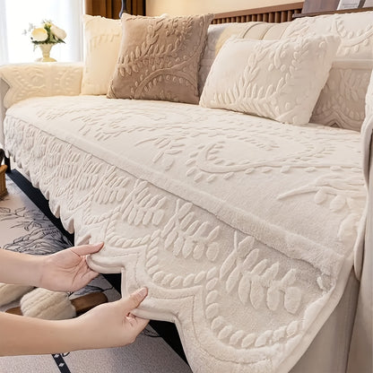 Faux Rabbit Fur Plush Sofa Cover Non-Slip | Thickened Quilted Couch Cushion, Machine Washable Pet Friendly, 1 to 4 Seat Armrest Backrest, White Light Grey Brown, Home Winter Decor