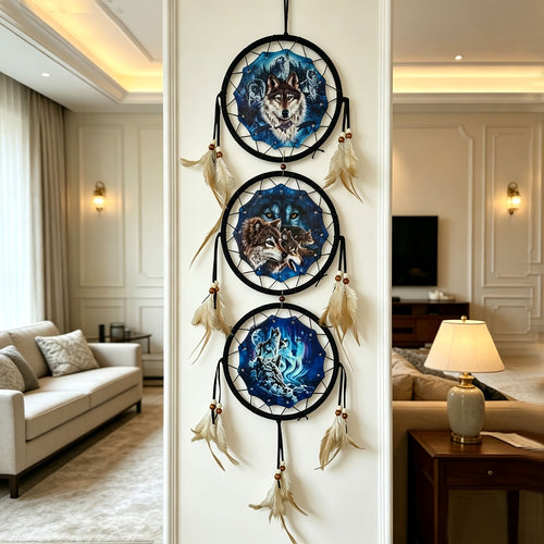 Dream Catcher Wall Decor Wolf Design Boho Bedroom Hanging Decoration – 6 Inch 3-Circle Feather Dream Catcher for Boys Kids Room, Nursery, Halloween, Christmas & Holiday Gift