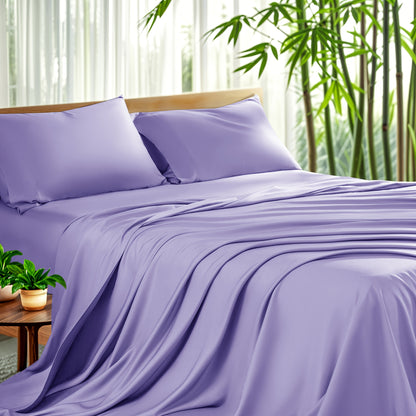 Bamboo Sheet Set 4pcs Cooling Deep Pocket Wrinkle Resistant Bedding All-Season Fitted Flat Sheet 2 Pillowcases Gift Box