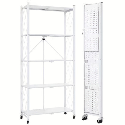 Rolling Storage Rack with Wheels 3 4 5 Tier Folding Shelving Unit No Assembly Required, Freestanding Metal Shelf Organizer for Kitchen Living Room Garage Office Basement, Black White