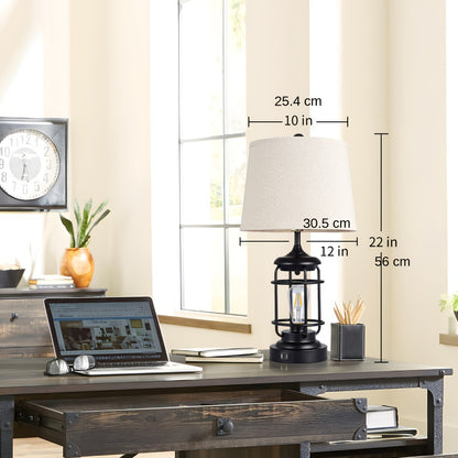 Farmhouse Table Lamps Set of 2 with 4 LED Bulbs | Touch Control 3-Way Dimmable Nightstand Lamp Dual USB Ports Natural Linen Shade Metal Black 22 Inch Bedroom Living Room