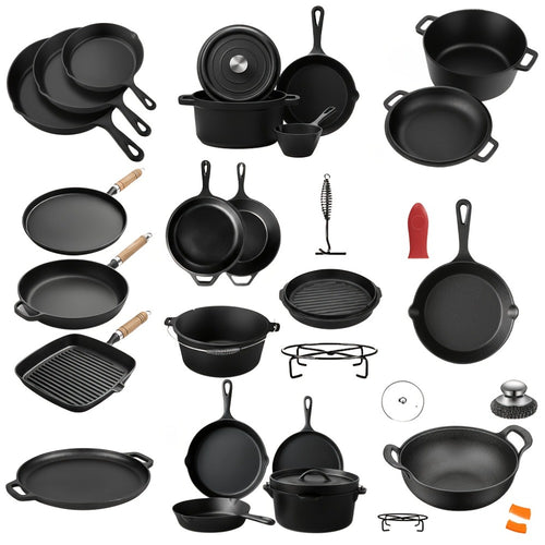 Cast Iron Cookware Set for Kitchen Camping BBQ - Non-Stick Skillet Dutch Pot Frying Pan Baking Tray Griddle Options, Oven Safe Stovetop Campfire Cookware for Home RV Holiday Cooking Multiple Set Choices