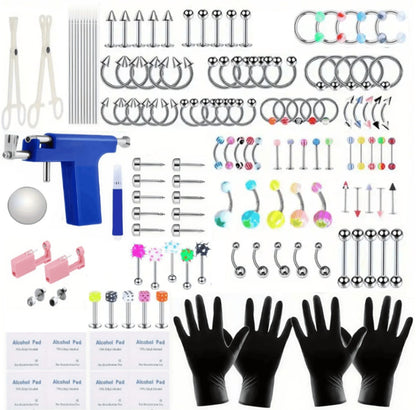 160pcs Body Piercing Kit with Piercing Gun – Professional Jewelry Set for Ear, Nose, Lip & Belly with Stainless Steel & Acrylic Studs, Rings & DIY Piercing Tools