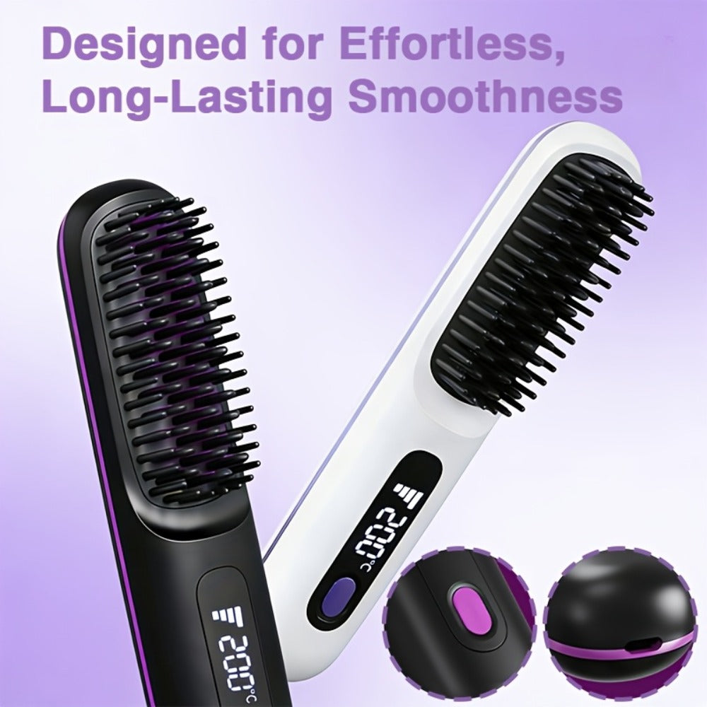 Cordless Hair Straightening Brush – Mini Rechargeable Portable Straightener Comb for Travel Daily Styling, Fast Heating Anti-Scald Frizz Control for All Hair Types, Black & White