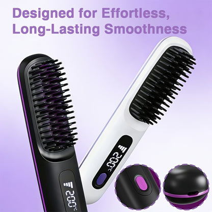 Cordless Hair Straightening Brush – Mini Rechargeable Portable Straightener Comb for Travel Daily Styling, Fast Heating Anti-Scald Frizz Control for All Hair Types, Black & White