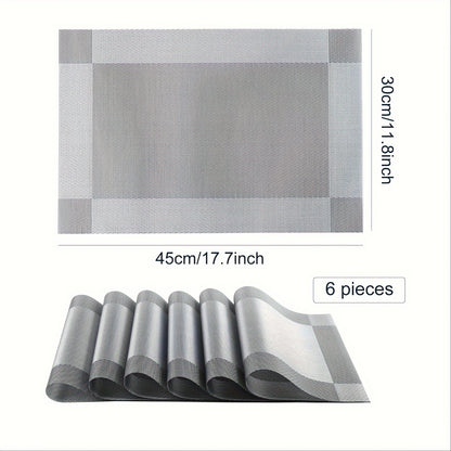 PVC Placemats Set of 6 Heat Resistant Non-Slip Washable Table Mats for Kitchen Dining Table, Easy Clean Vinyl Dinner Mats 11.8x17.7 Inch (Golden, Brown, Silver)