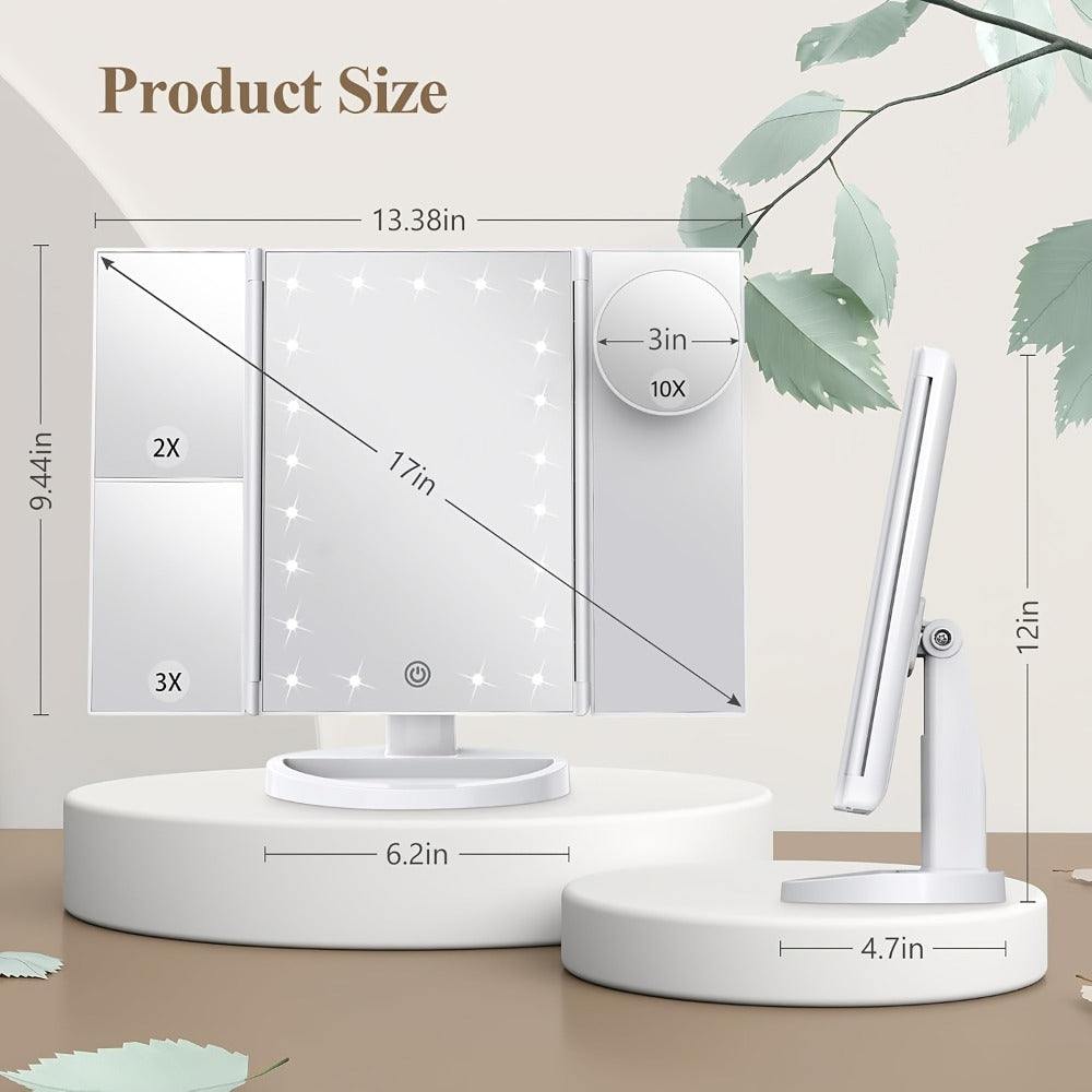 LED Tri-Fold Makeup Mirror with Touch Screen – 1X/2X/3X/10X Magnifying Vanity Mirror, Flexible Adjustable Base, Lighted Travel Mirror for Makeup Desk, Bedroom & Bathroom | Gift for Women
