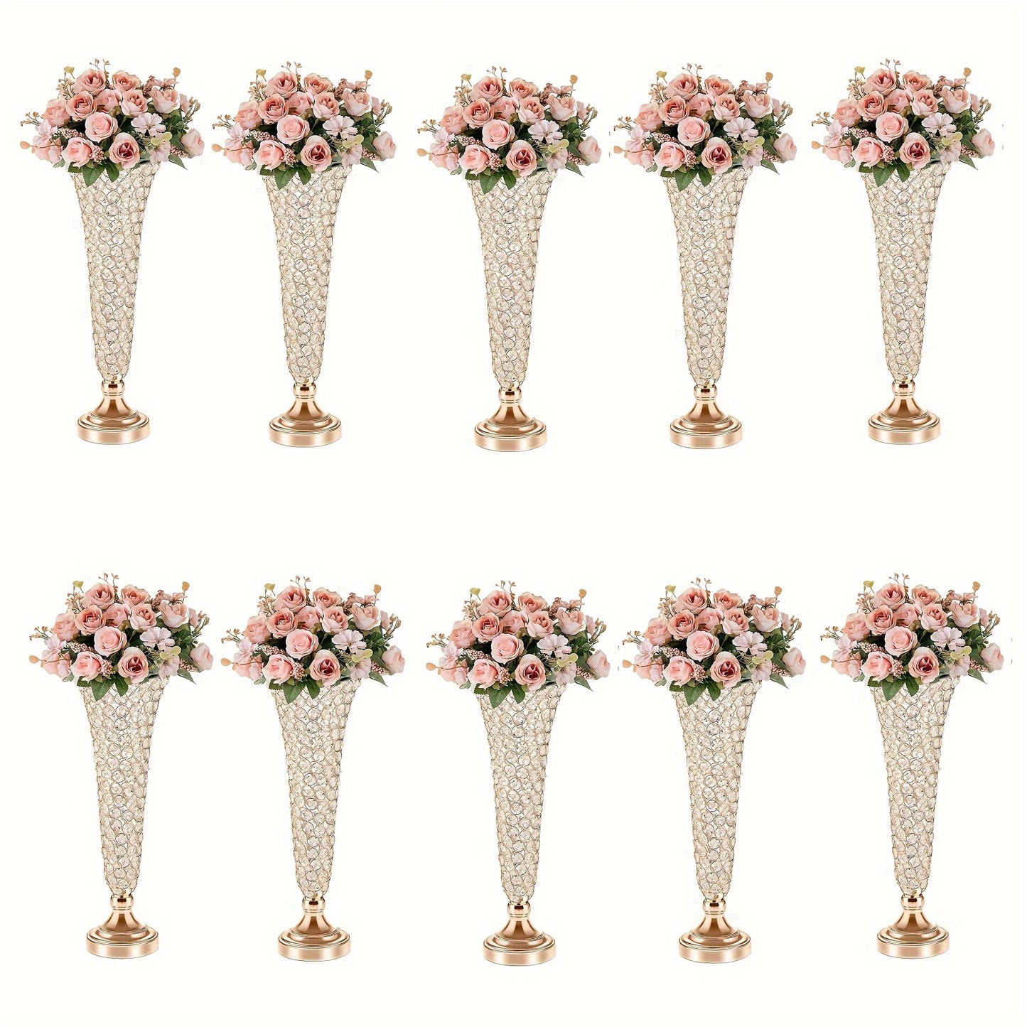 Crystal Trumpet Flower Vase Centerpieces for Wedding Table – Bling Wrought Crystal Vases for Party, Anniversary, Birthday, Banquet & Home Decor, Gold & Silver, 2pcs or 10pcs Set