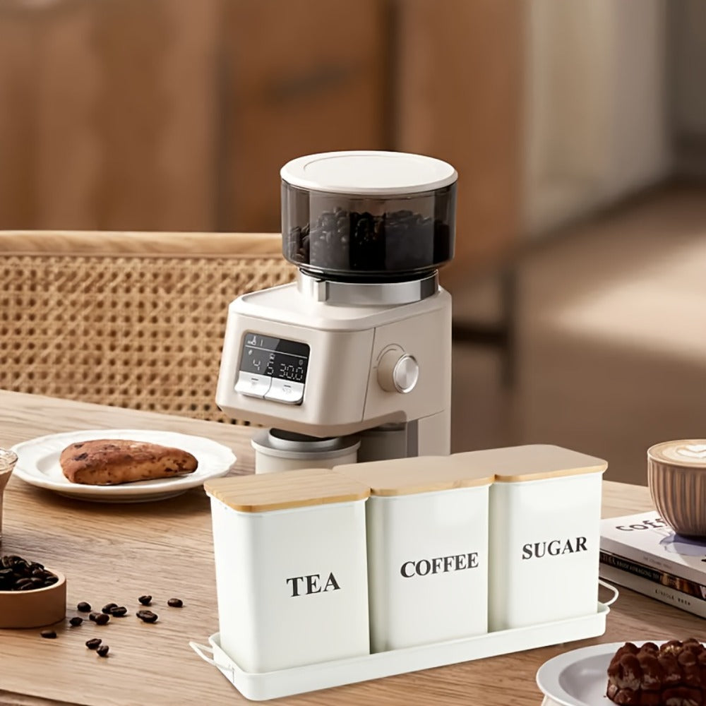 3-Piece Metal Kitchen Canister Set with Wooden Lids – Coffee Tea Sugar Storage Jars, Airtight Kitchen Organizer Tins, Black or White Home Decor Gift Set