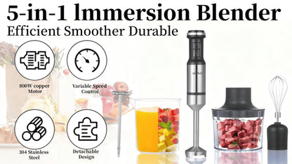 800W Immersion Hand Blender 5-in-1 Set – Stainless Steel Stick Mixer with Whisk, Frother, 1000ml Cup & 450ml Food Chopper for Smoothies, Soup & More