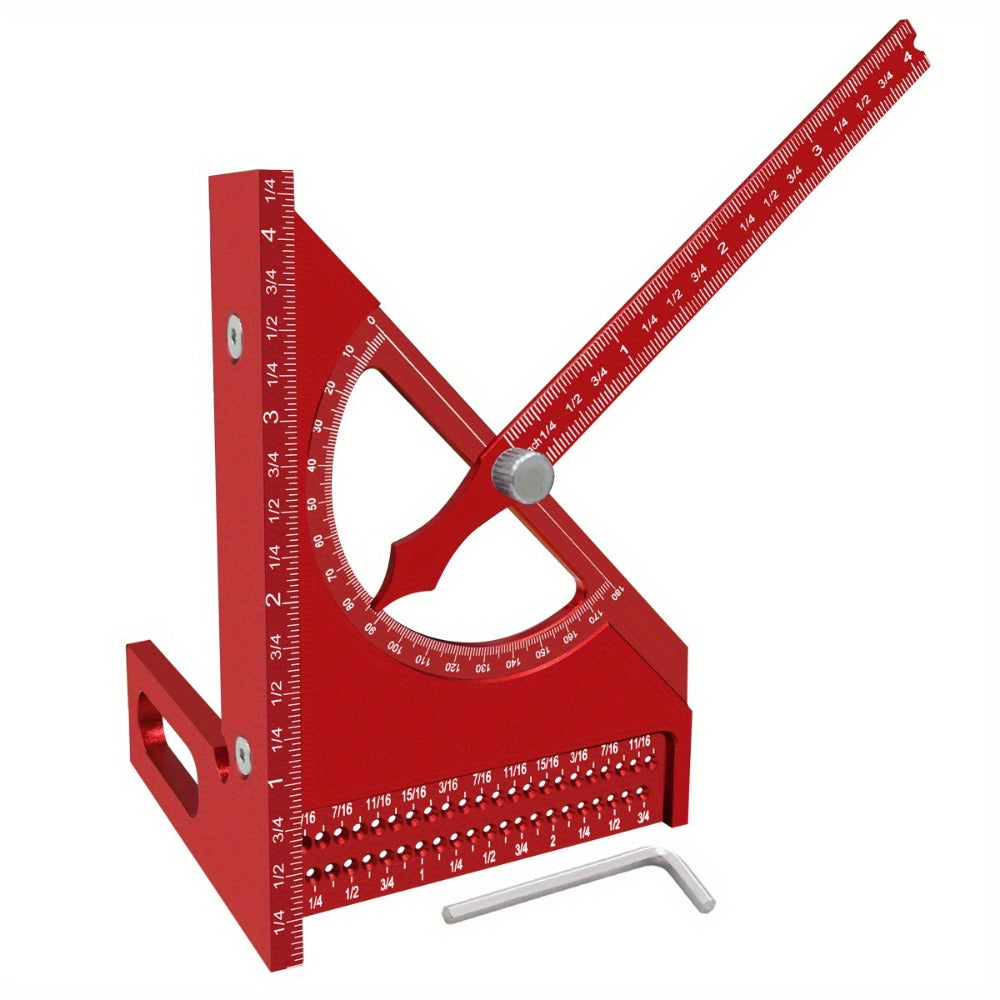 Adjustable 3D Carpentry Square Set 180° Rotating Aluminum Alloy Triangle Ruler T-Square with Scribing Holes Red Black Markings Woodworking Measurement Tool