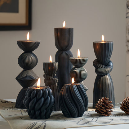 Ribbed Pillar Candles 7-Pack Large Soy Wax, Handmade Aesthetic Pillar Candle Set for Home Decor, Wedding Centerpiece, Shelf Decor, Dining Table & Housewarming Gift – White, Black, Blue, Orange with Glitter