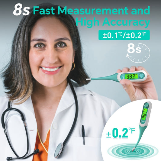 Digital Oral Thermometer for Adults & Kids – 8-Second Fast Read, Bendable Tip, 3-Color Fever Backlight, 32 Memory Records, Rectal Use for Infants, Celsius/Fahrenheit Conversion