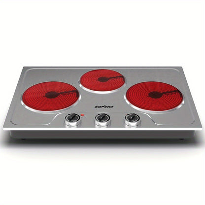 Portable Electric Cooktop Triple Burner 1800W – Royalcraft Countertop Electric Stove with Knob Control, Indicator Light, Compatible with All Cookware, Silver